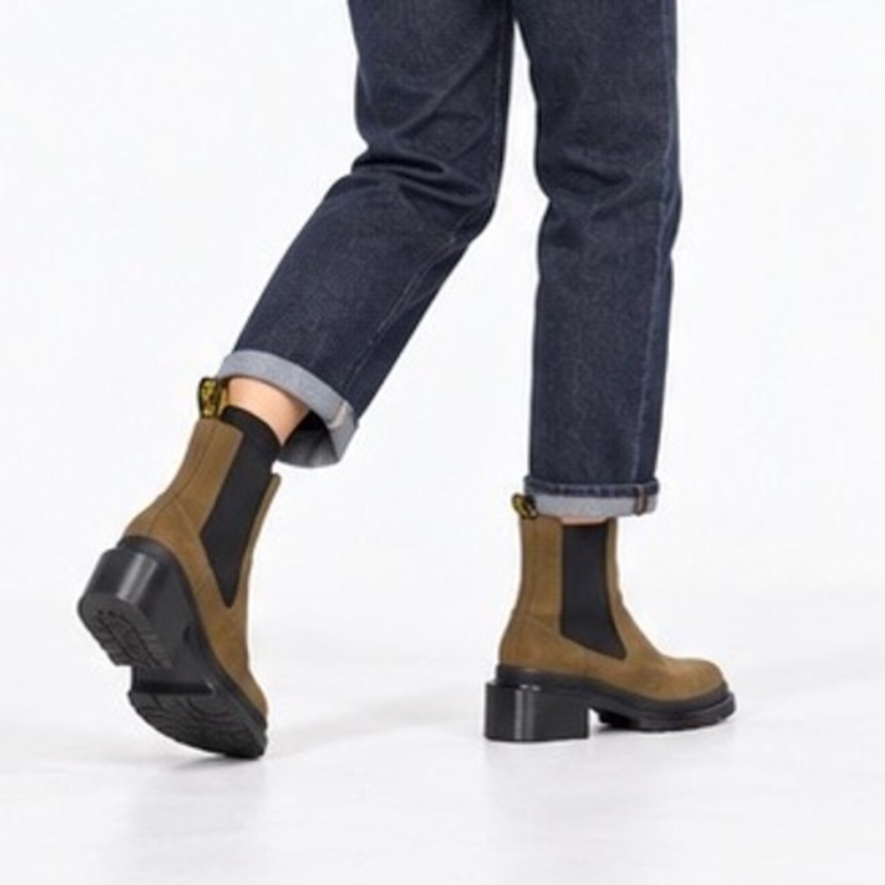Dr. Martens Maybole Chelsea Boots Olive Green Square Toe Block Heel W6 117-05